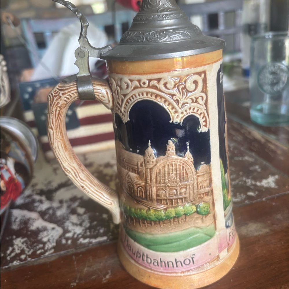Vintage Ceramic Beer Stein with Pewter Lid